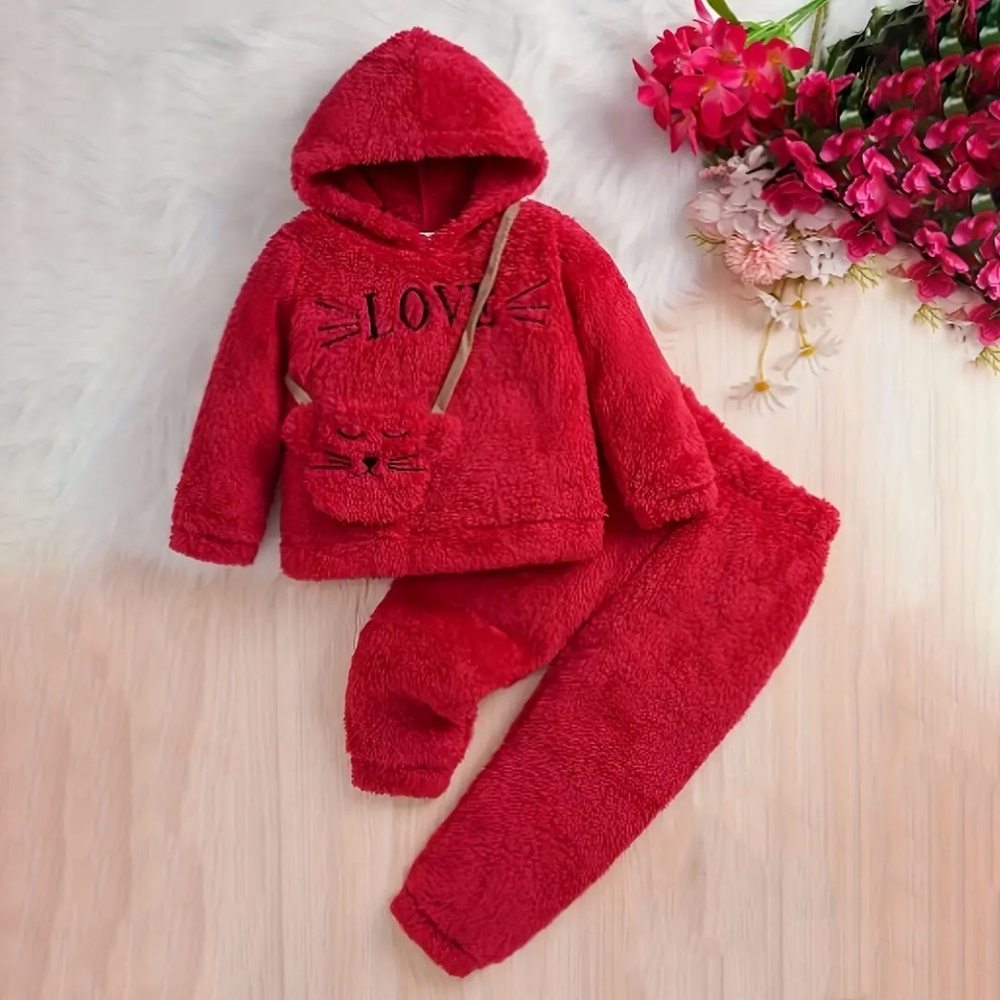 SHEIN Red Fuzzy Hooded Set with Cat Purse